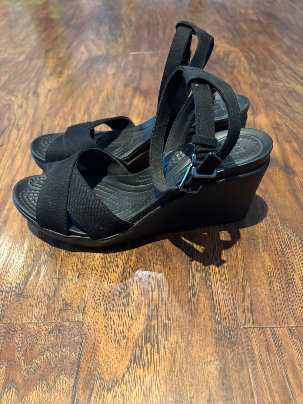 Crocs Black Women's Ankle-Strap Wedge Sandals - Picture 2 of 6